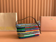 CROCHET SHOULDER BAG 25.5 COLORFUL WOOL WITH BROWN STRAP CALFSKIN