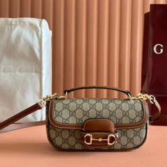 SMALL HORSEBIT 1955 SHOULDER BAG 22.6 IN BEIGE/EBONY GG WITH BROWN CALFSKIN TRIM