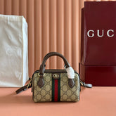 GUCCI 25S OPHIDIA MINI BOSTON BAG 16 IN BEIGE CANVAS AND BROWN CALFSKIN