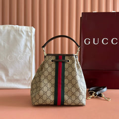 GUCCI 25S OPHIDIA SMALL BUCKET BAG 22 IN BEIGE CANVAS AND BROWN CALFSKIN