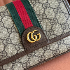 GUCCI 25S OPHIDIA BAG 18 IN BEIGE CANVAS AND BROWN CALFSKIN GOLD HARDWARE