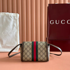 GUCCI 25S OPHIDIA BAG 18 IN BEIGE CANVAS AND BROWN CALFSKIN SILVER HARDWARE