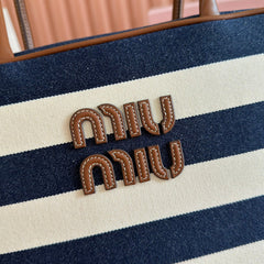 MIUMIU 25S BEAU BAG 34 DARK BLUE AND IVORY IN CANVAS AND CALFSKIN