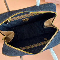 MIUMIU 25S BEAU DENIM BAG 34 IN DARK BLUE DENIM AND BROWN CALFSKIN