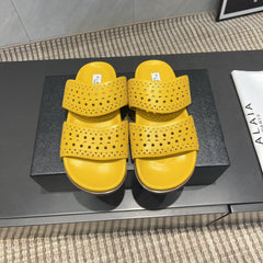 ALAIA CHUNKY TWO-STRAP SLIDES 25S IN YELLOW CALFSKIN
