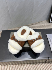 BALENCIAGA 25S SLIPPERS IN BROWN SUEDE AND WHITE WOOL