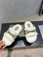 BALENCIAGA 25S SLIPPERS IN DARK BEIGE SUEDE AND WHITE WOOL