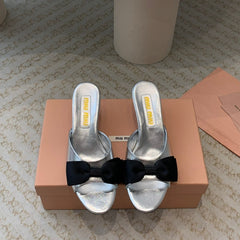 Silver Mid - Heels With Black Bow Calfskin