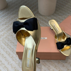 Metallic Gold Mid - Heels With Black Bow Calfskin
