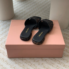Women's Black Denim Slippers With Brown Straps