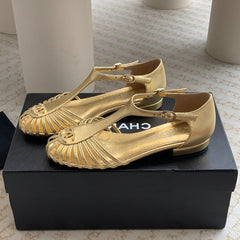 Summer New Hollow Roman Sandals Gold Sheepskin
