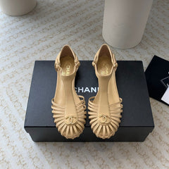 Summer New Hollow Roman Sandals Metalic gold Sheepskin