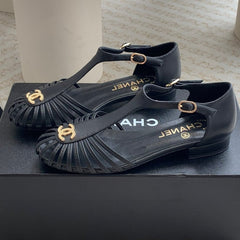 Summer New Hollow Roman Sandals Black Sheepskin