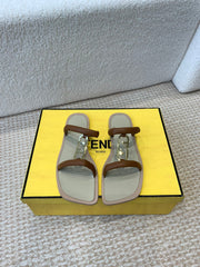 FENDI O'LOCK SLIDES BROWN CALFSKIN WITH GOLD HARDWARE