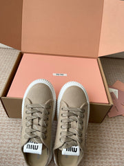 WASH SNEAKER MULES IN DARK BEIGE DENIM STRIPED LACES