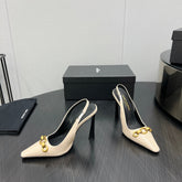 GOLD CHAIN ATTACHED HIGH SLINGBACK IN CREAM GLOSSY CALFSKIN