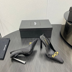 GOLD CHAIN ATTACHED HIGH SLINGBACK IN BLACK SILK