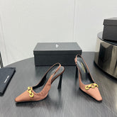 GOLD CHAIN ATTACHED HIGH SLINGBACK IN TOFFEE BROWN SILK