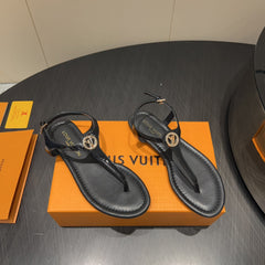 LV THONG SANDALS 25S IN BLACK CALFSKIN WITH GOLD HARDWARE
