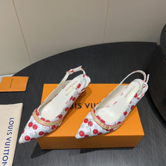 LV HIGH SLINGBACK LOGO AND CHERRY PRINT 25S 55 MM IN WHITE CALFSKIN