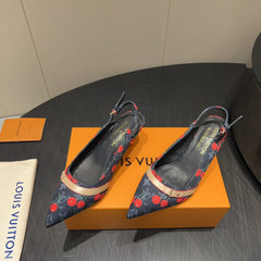 LV HIGH SLINGBACK LOGO AND CHERRY PRINT 25S 55MM IN CHARCOAL BLACK DENIM