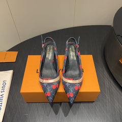 LV HIGH SLINGBACK LOGO AND CHERRY PRINT 25S 55MM IN CHARCOAL BLACK DENIM