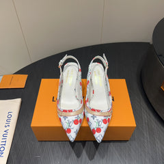 LV HIGH SLINGBACK LOGO AND CHERRY PRINT 25S 55MM IN WHITE DENIM