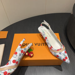 LV HIGH SLINGBACK LOGO AND CHERRY PRINT 25S 55MM IN WHITE DENIM