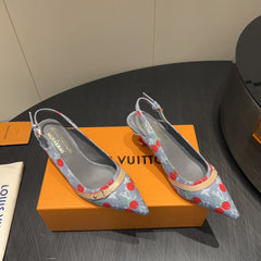 LV HIGH SLINGBACK LOGO AND CHERRY PRINT 25S 55MM IN GREY DENIM