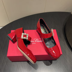 ROGER VIVIER 25S TRÈS VIVIER 50MM IN CRIMSON RED CALFSKIN WITH RHINESTONE BUCKLE