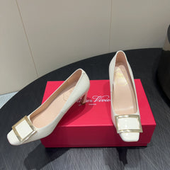 ROGER VIVIER 25S BELLE VIVIER PUMPS 70MM IN WHITE CALFSKIN GOLD BUCKLE