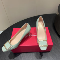 ROGER VIVIER 25S BELLE VIVIER PUMPS 70MM IN PALE MINT GREEN CALFSKIN GOLD BUCKLE