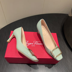 ROGER VIVIER 25S BELLE VIVIER PUMPS 70MM IN PALE MINT GREEN CALFSKIN GOLD BUCKLE
