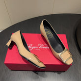 ROGER VIVIER 25S BELLE VIVIER PUMPS 45MM IN BEIGE CALFSKIN GOLD BUCKLE