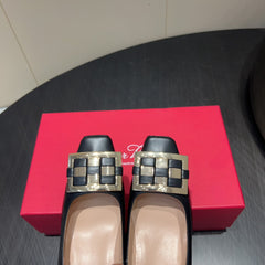 ROGER VIVIER 25S TROMPETTE SQUARE TOE HIGH HEELS 45MM IN BLACK SHINY CALFSKIN