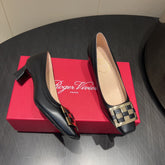 ROGER VIVIER 25S TROMPETTE SQUARE TOE HIGH HEELS 45MM IN BLACK SHINY CALFSKIN