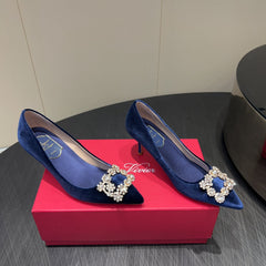 ROGER VIVIER 25S POINTED TOE HIGH HEELS 70MM IN DARK BLUE VELVET EMBELLISHED CRYSTALS