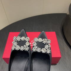 ROGER VIVIER 25S POINTED TOE HIGH HEELS 70MM IN BLACK SILK EMBELLISHED CRYSTALS