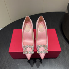 ROGER VIVIER 25S POINTED TOE HIGH HEELS 70MM IN BABY PINK SILK EMBELLISHED CRYSTALS