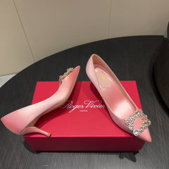 ROGER VIVIER 25S POINTED TOE HIGH HEELS 70MM IN BABY PINK SILK EMBELLISHED CRYSTALS