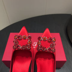 ROGER VIVIER 25S POINTED TOE HIGH HEELS 70MM IN BRIGHT RED SILK EMBELLISHED CRYSTALS