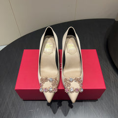 ROGER VIVIER 25S POINTED TOE HIGH HEELS 70MM IN NUDE SILK EMBELLISHED CRYSTALS