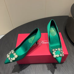 ROGER VIVIER 25S POINTED TOE HIGH HEELS 70MM IN TEAL GREEN SILK EMBELLISHED CRYSTALS