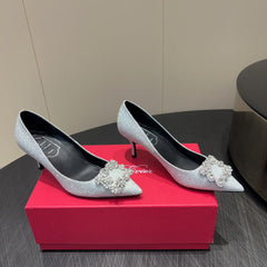 ROGER VIVIER 25S POINTED TOE HIGH HEELS 70MM IN BLING SILVER EMBELLISHED CRYSTALS