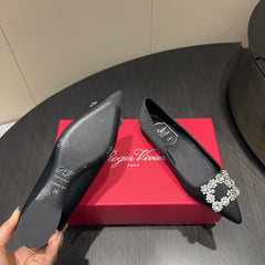 ROGER VIVIER 25S GRETE BALLET FLATS IN BLACK SILK WITH EMBELLISHED CRYSTALS