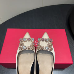 ROGER VIVIER 25S GRETE BALLET FLATS IN NUDE SILK WITH EMBELLISHED CRYSTALS