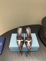 PRADA 25S POINTED TOE SLINGBACK 85MM IN DARK BROWN LAMBSKIN WITH TIE UP DESIGN