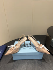 PRADA 25S POINTED TOE SLINGBACK 85MM IN BEIGE LAMBSKIN WITH TIE UP DESIGN