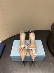 PRADA 25S POINTED TOE SLINGBACK 85MM IN BEIGE LAMBSKIN WITH TIE UP DESIGN