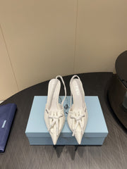 PRADA 25S POINTED TOE SLINGBACK 85MM IN WHITE LAMBSKIN WITH TIE UP DESIGN